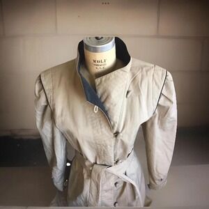 Vintage 80s Funnel Neck Trench Coat By‎ Braetan Beige with Black Accents